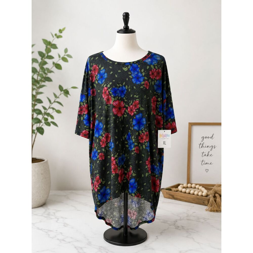 LuLaRoe Irma Tunic Womens XL Black Blue Red Floral 3/4 Sleeve High Low NWT
